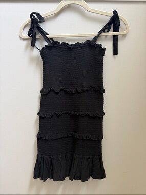 Like New Girls Katie J NYC Black Smocked Ruffle Mini Dress with Tie Straps Sz 12